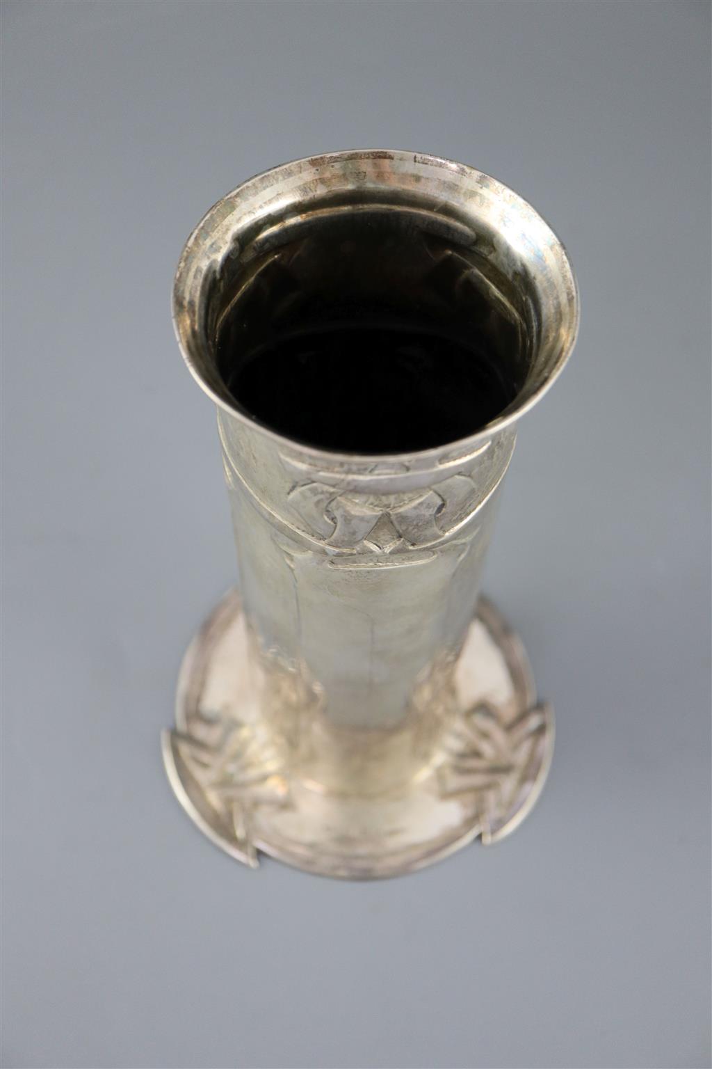 An Edwardian Art Nouveau Liberty Cymric silver cylindrical vase, Birmingham 1904,
